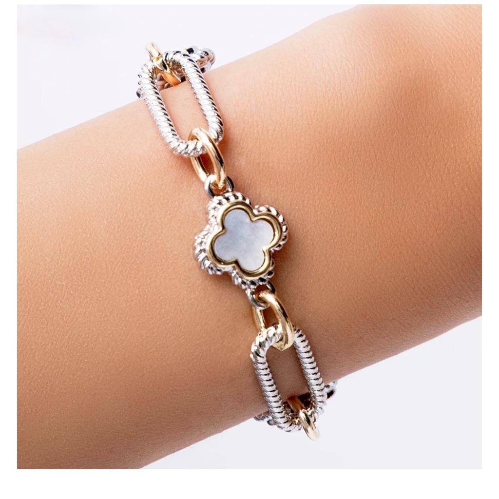 Stella Rose Two Tone Link Bracelet With Mother-Of-Pearl Clover-Shaped Accents.